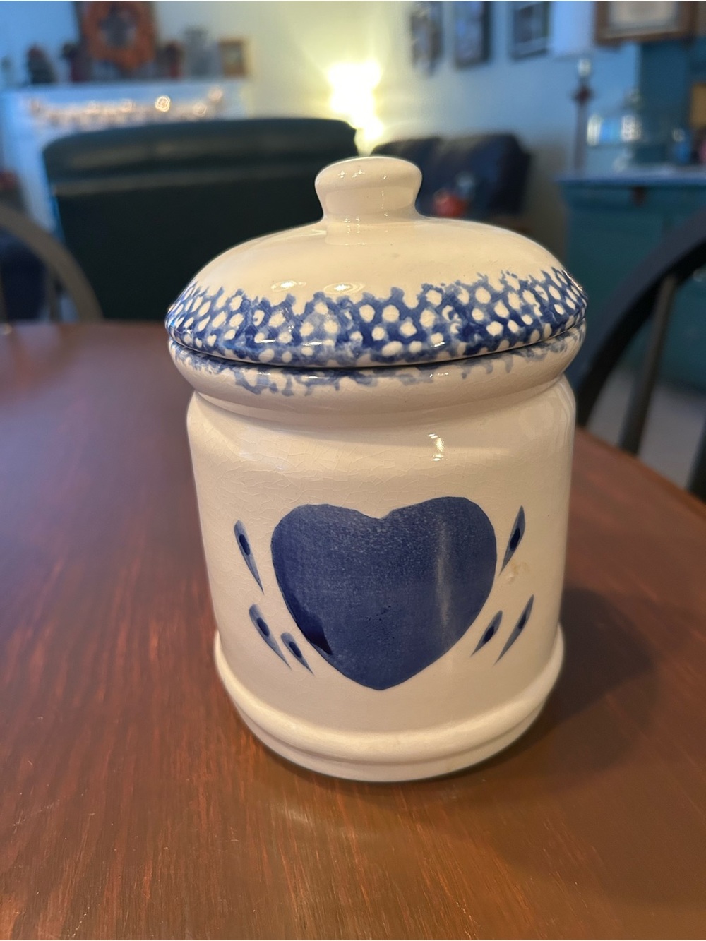 Ceramic Heart Canister - Blue and White 6 in tall by 4 in